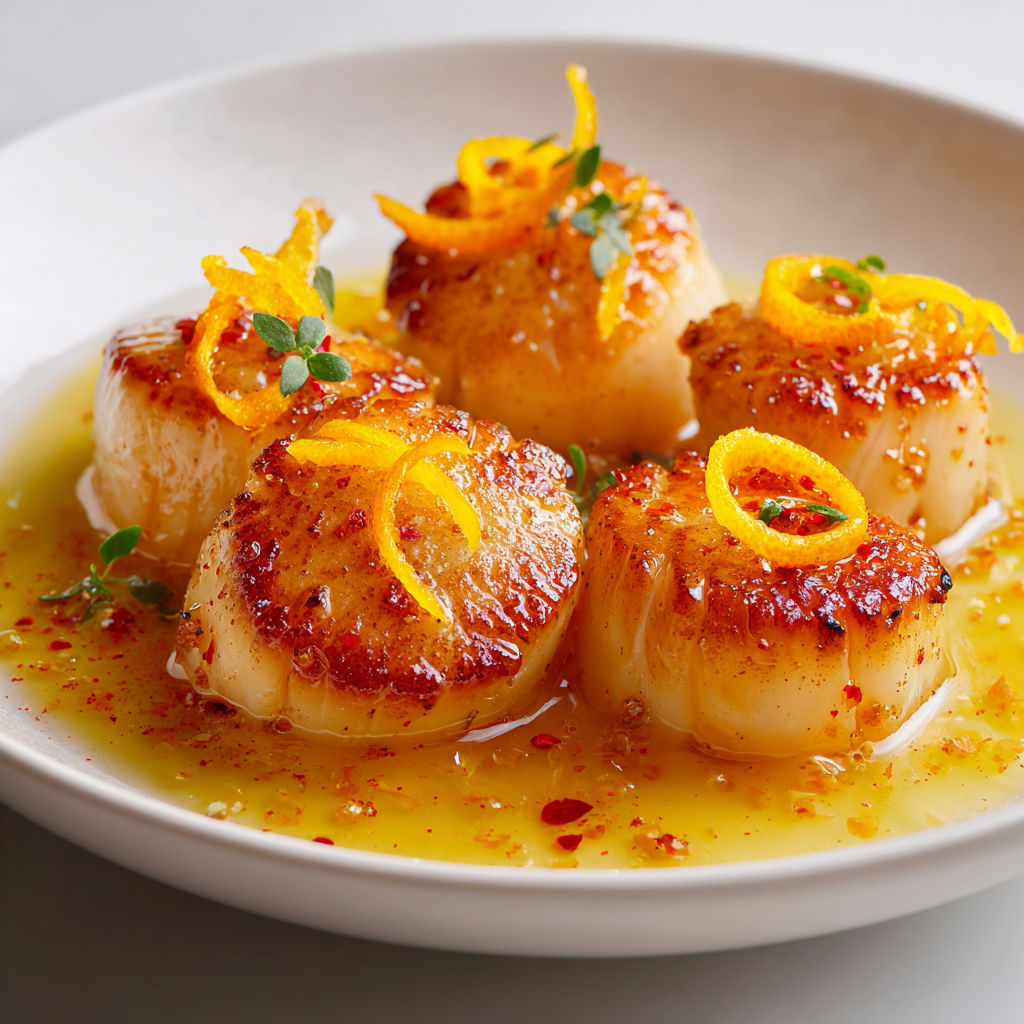 Une assiette de Saint-Jacques avec des quartiers d’orange et un filet de sauce à l’orange.