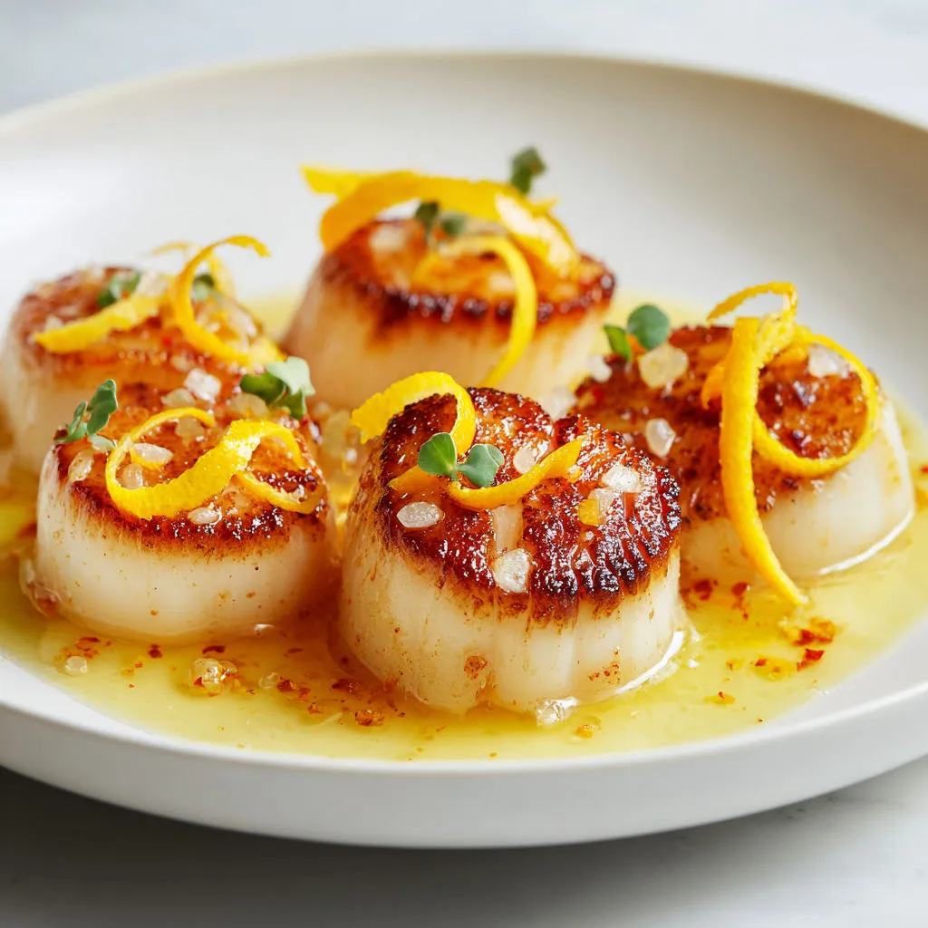 Des Saint-Jacques et segments d’orange nappés de sauce, prêts à être dégustés.