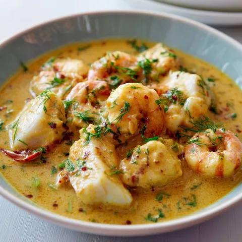 Délicieux poisson au lait de coco et curry doux, servi avec des légumes et des herbes fraîches.