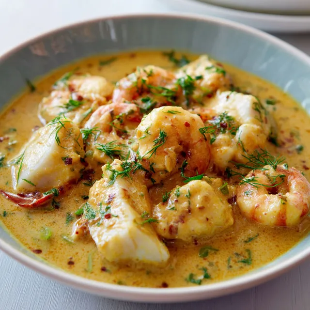 Délicieux poisson au lait de coco et curry doux, servi avec des légumes et des herbes fraîches.