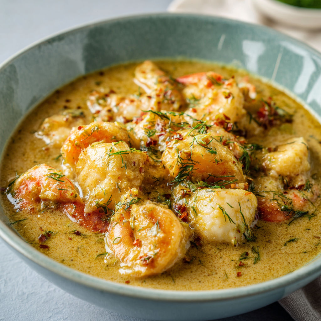 Un plat garni de crevettes et herbes dans une sauce jaune.