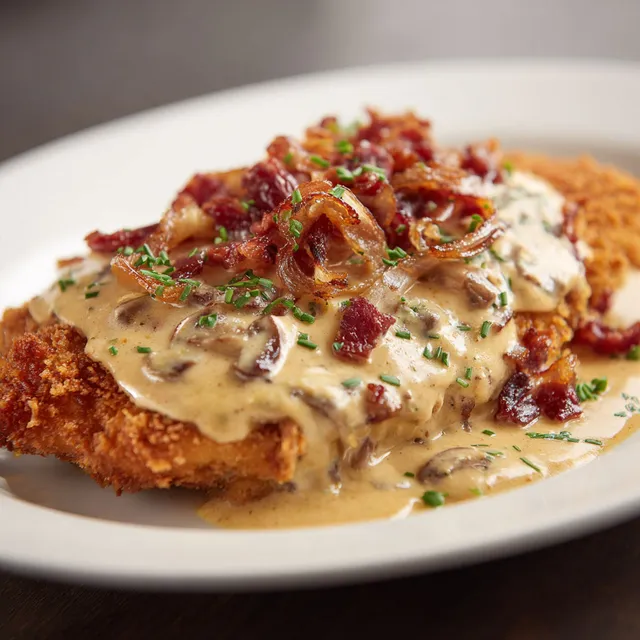 Un délicieux plat avec escalope, reblochon fondant et lardons savoureux.