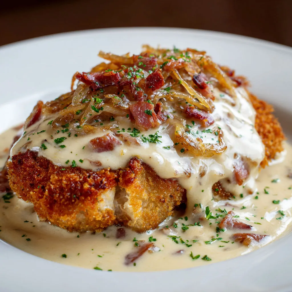 Un plat d’escalope nappée de sauce, saupoudrée d’herbes et de petits morceaux de bacon
