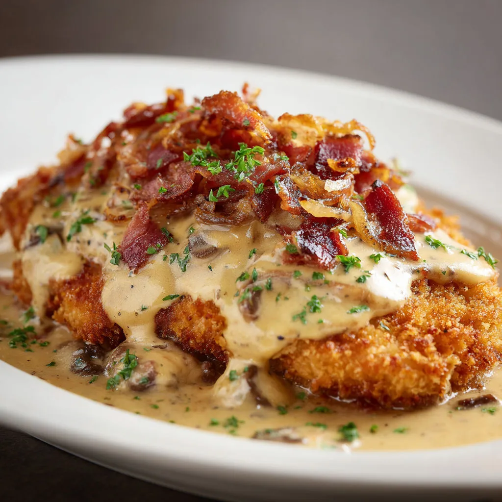 Escalope nappée de sauce au bacon et champignons, dressée façon bistrot.