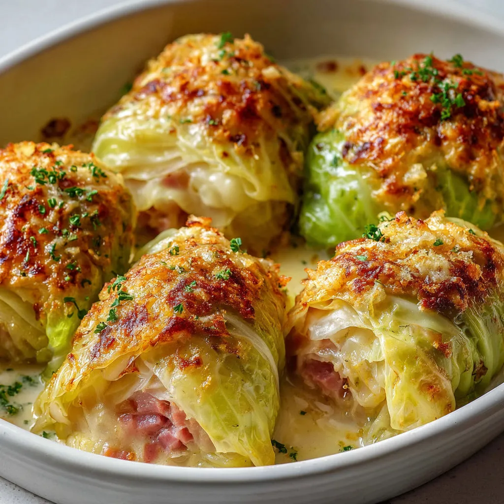 Grandes feuilles de chou vert farcies au jambon et fromage pour un gratin réconfortant.