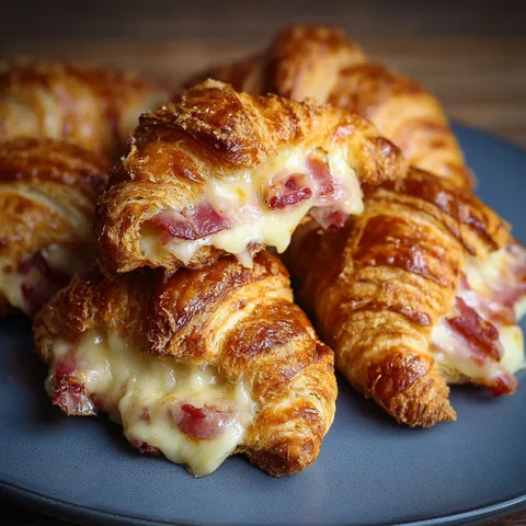 Croissants dorés garnis de fromage fondant et de lardons croustillants.