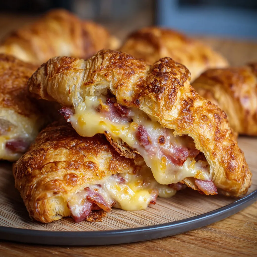 Une pile de croissants croustillants au fromage et bacon sur une planche en bois.