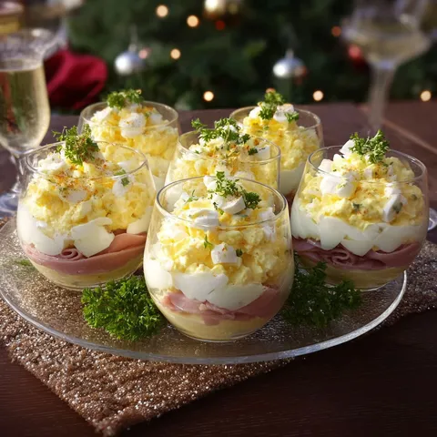 Verrines œufs mimosa joliment disposées sur une table de fête avec champagne.