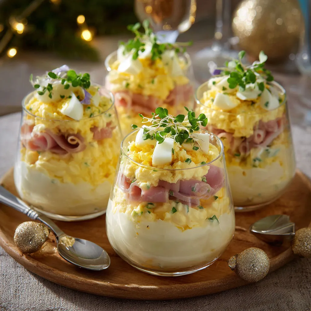 Trio de verrines d’œufs mimosa prêtes pour l’apéro.