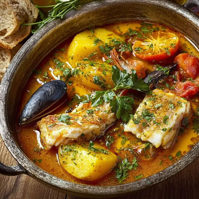 Bouillabaisse maison avec légumes frais et poissons.