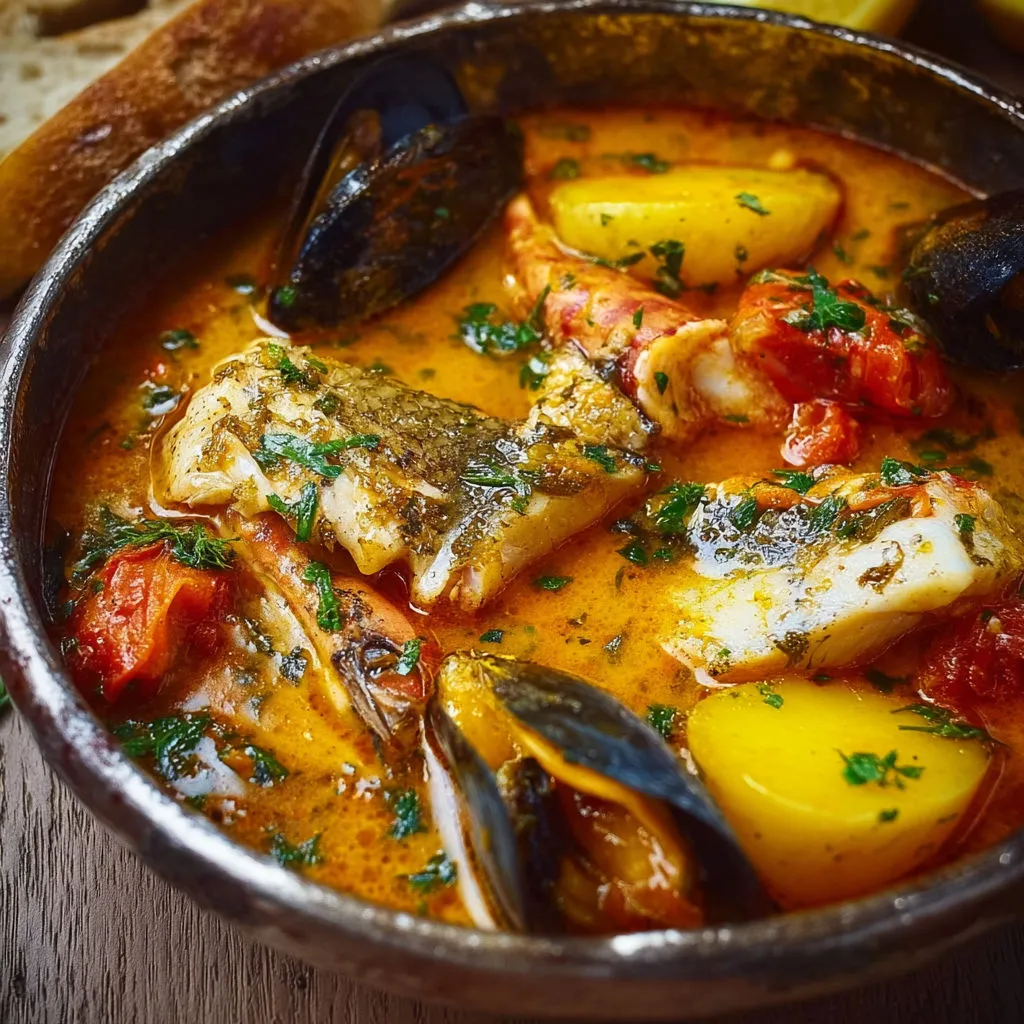 Bouillabaisse accompagnée de moules, tomates, aubergines et pommes de terre.