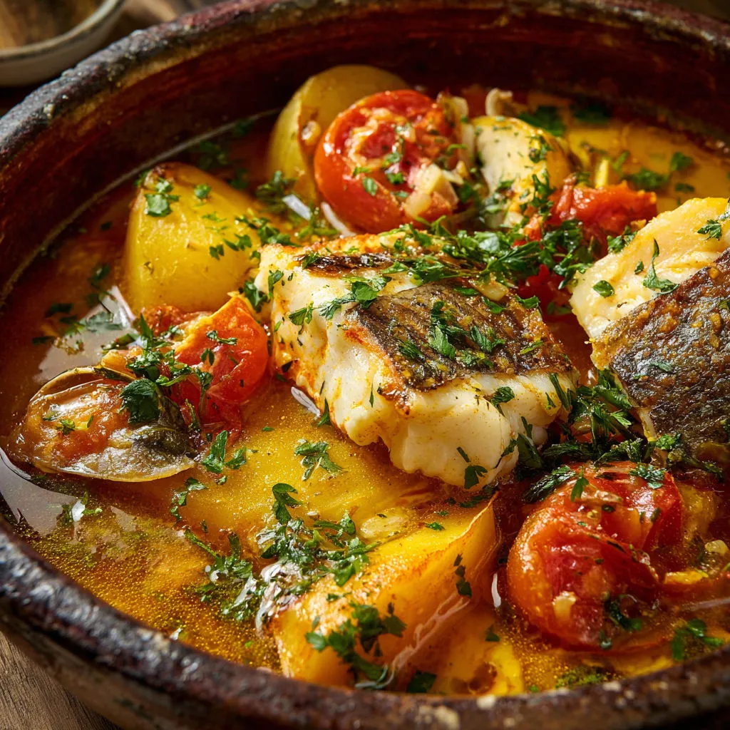 Assiette de poisson et légumes avec tomates, oignons et herbes fraîches.