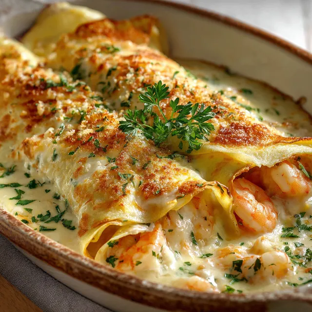 Crêpes gourmandes et gratinées, avec un cœur aux fruits de mer.