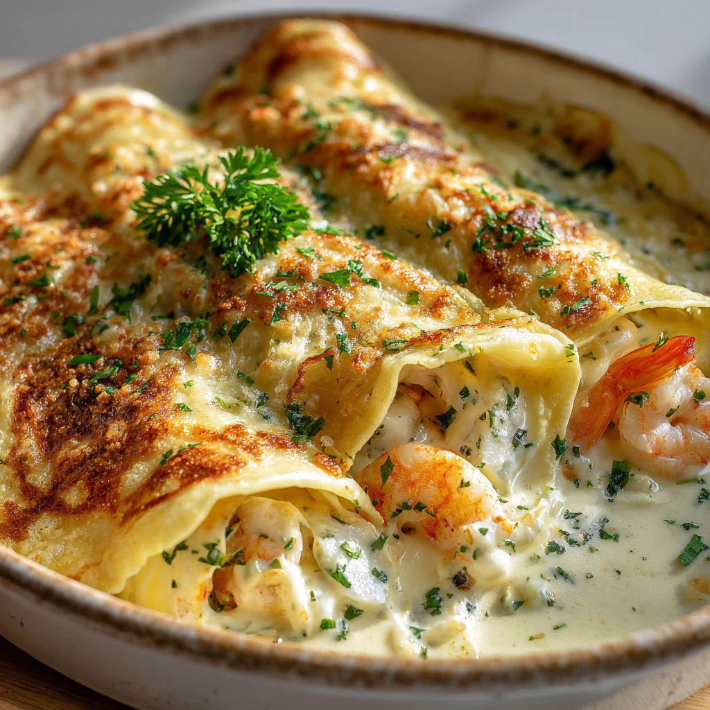 Crêpes farcies de fruits de mer, nappées de sauce onctueuse et gratinées au fromage bien doré.