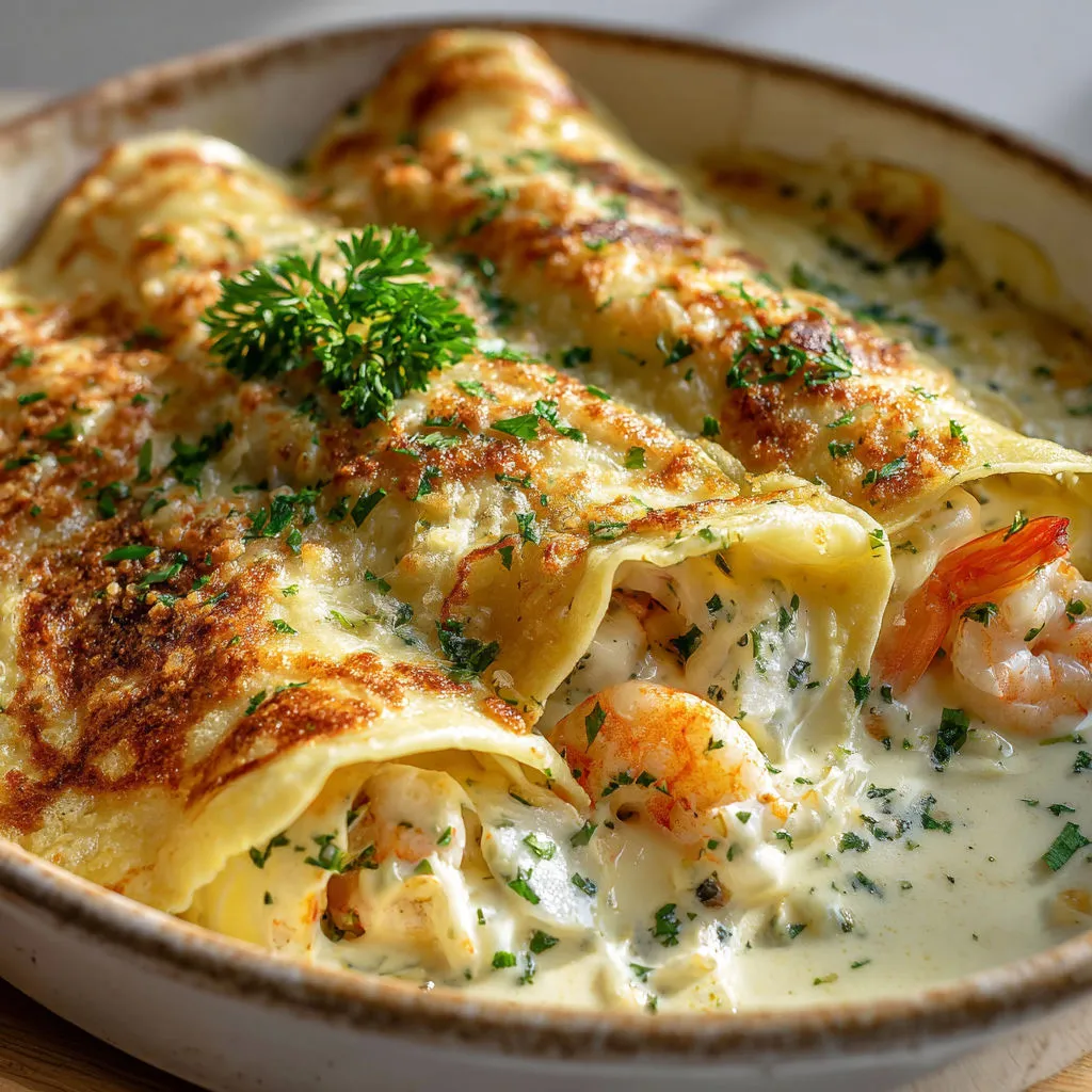 Crêpes farcies de fruits de mer, nappées de sauce onctueuse et gratinées au fromage bien doré.