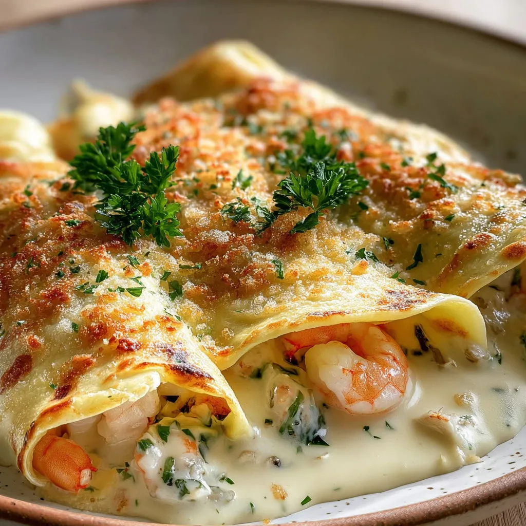 Crêpes roulées aux saveurs de la mer, nappées de crème et gratinées au fromage bien doré au four.