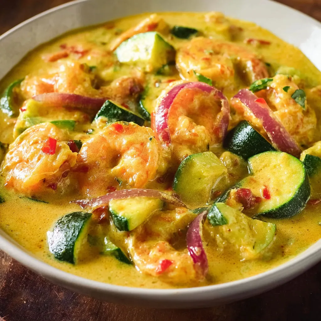 Un plat vibrant de courgettes, crevettes et lait de coco, parfait pour les amateurs de cuisine exotique et colorée.