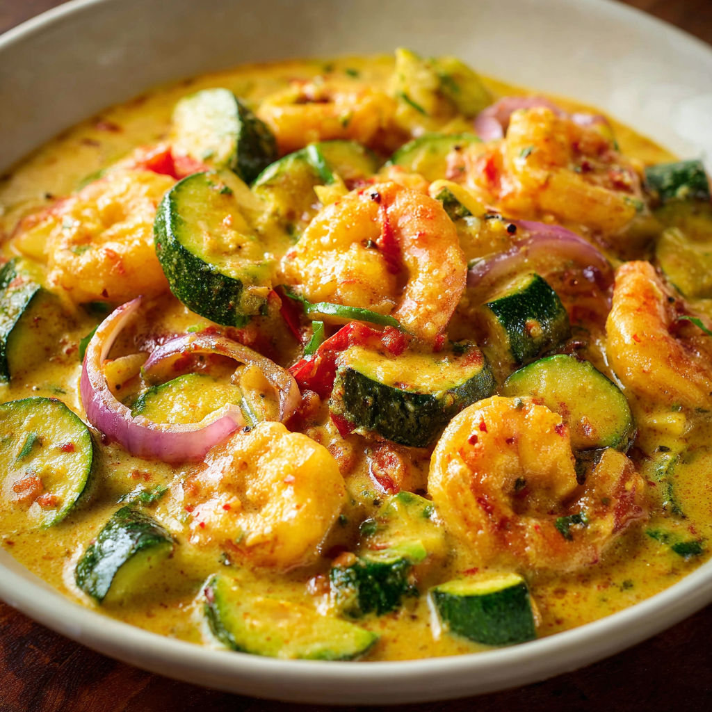 Un bol rempli de crevettes et légumes nappés de sauce coco.