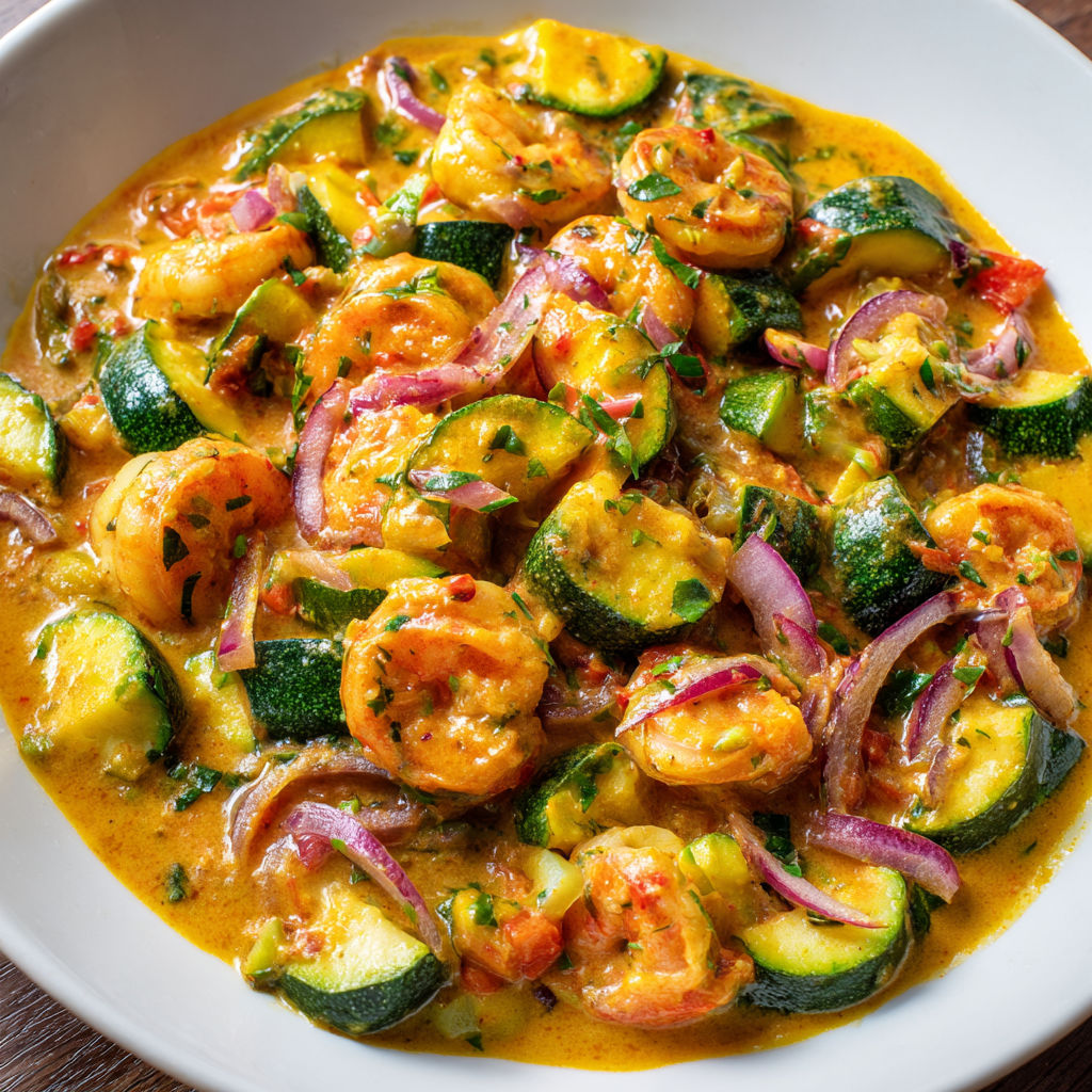 Courgettes tendres et crevettes juteuses dans une sauce coco onctueuse.