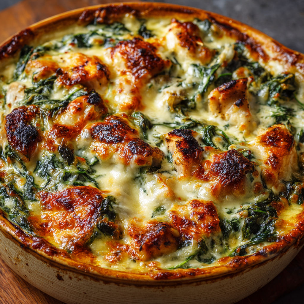 Plat gratiné avec poulet, épinards et fromage doré.