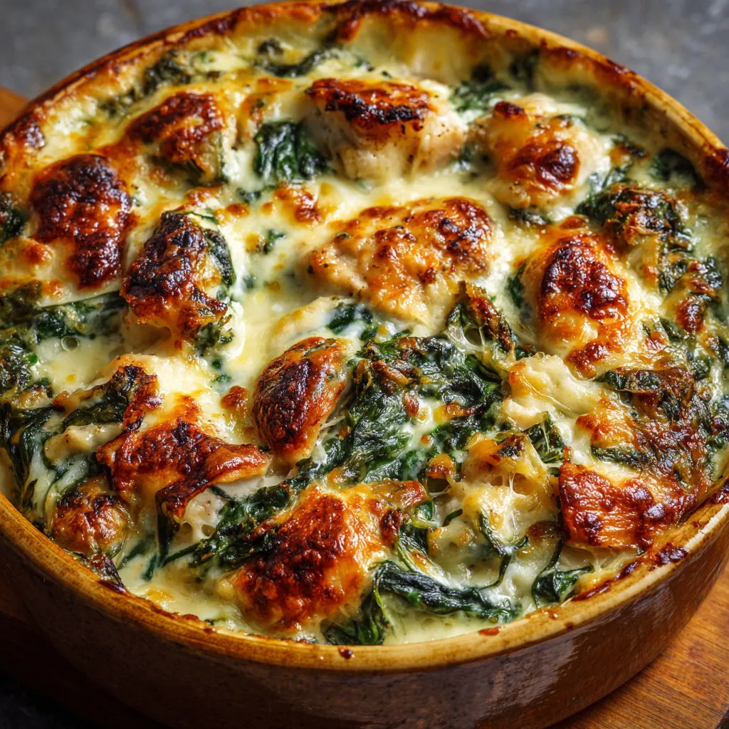 Un plat gratiné généreux au poulet, épinards et fromages