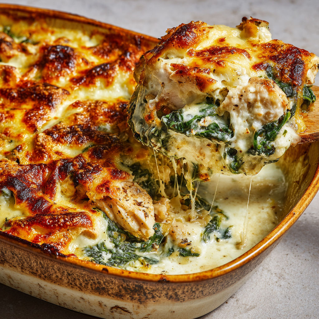 Plat gratiné avec poulet, épinards et fromage bien doré