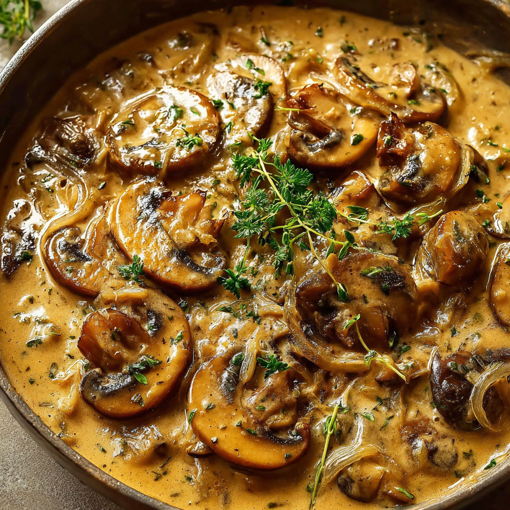 Une marmite de sauce forêt-noire prête dans un bol rustique bronze.