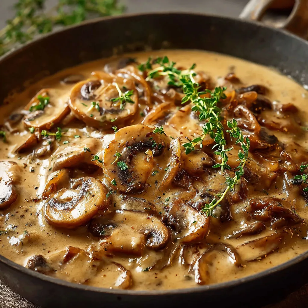 Des champignons et des herbes mijotent dans une cocotte noire, prêts à servir.