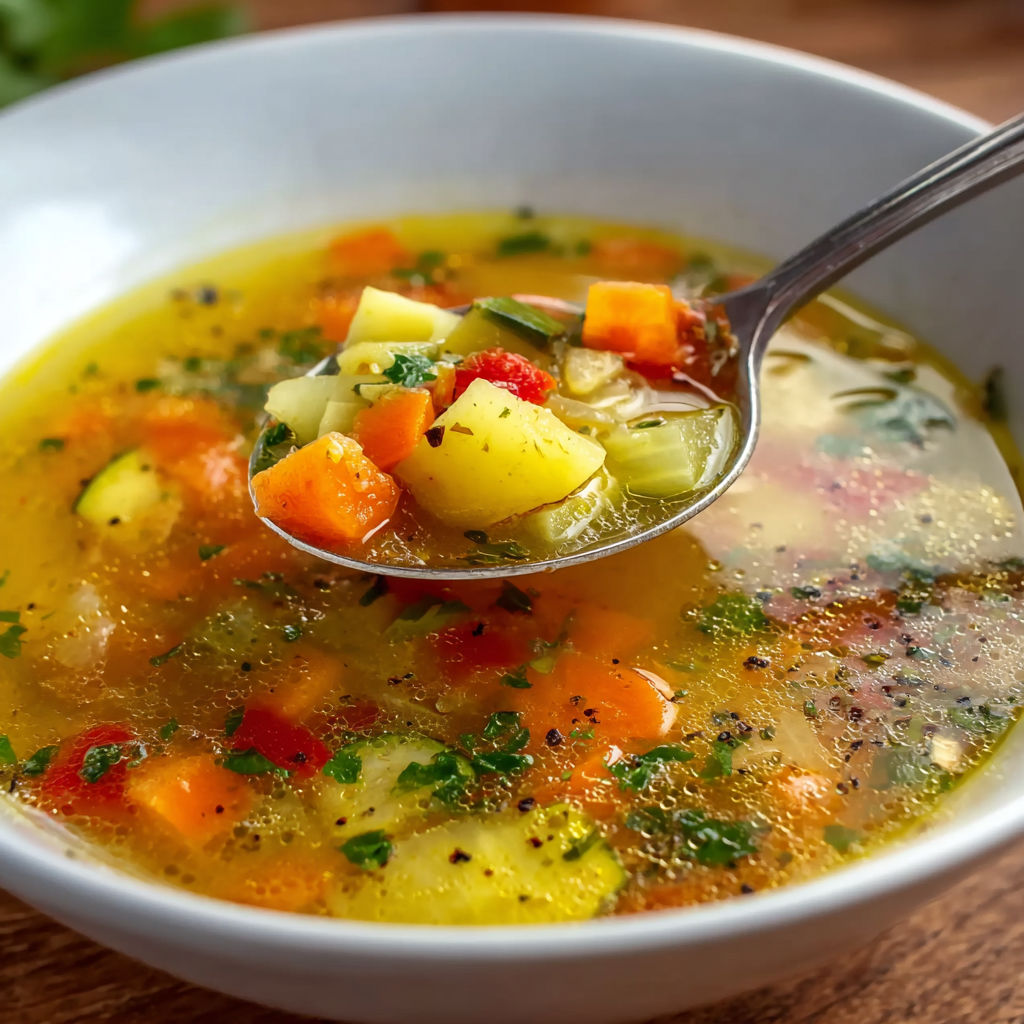 Un grand bol de soupe fumante posé avec une cuillère, prêt à être dégusté.