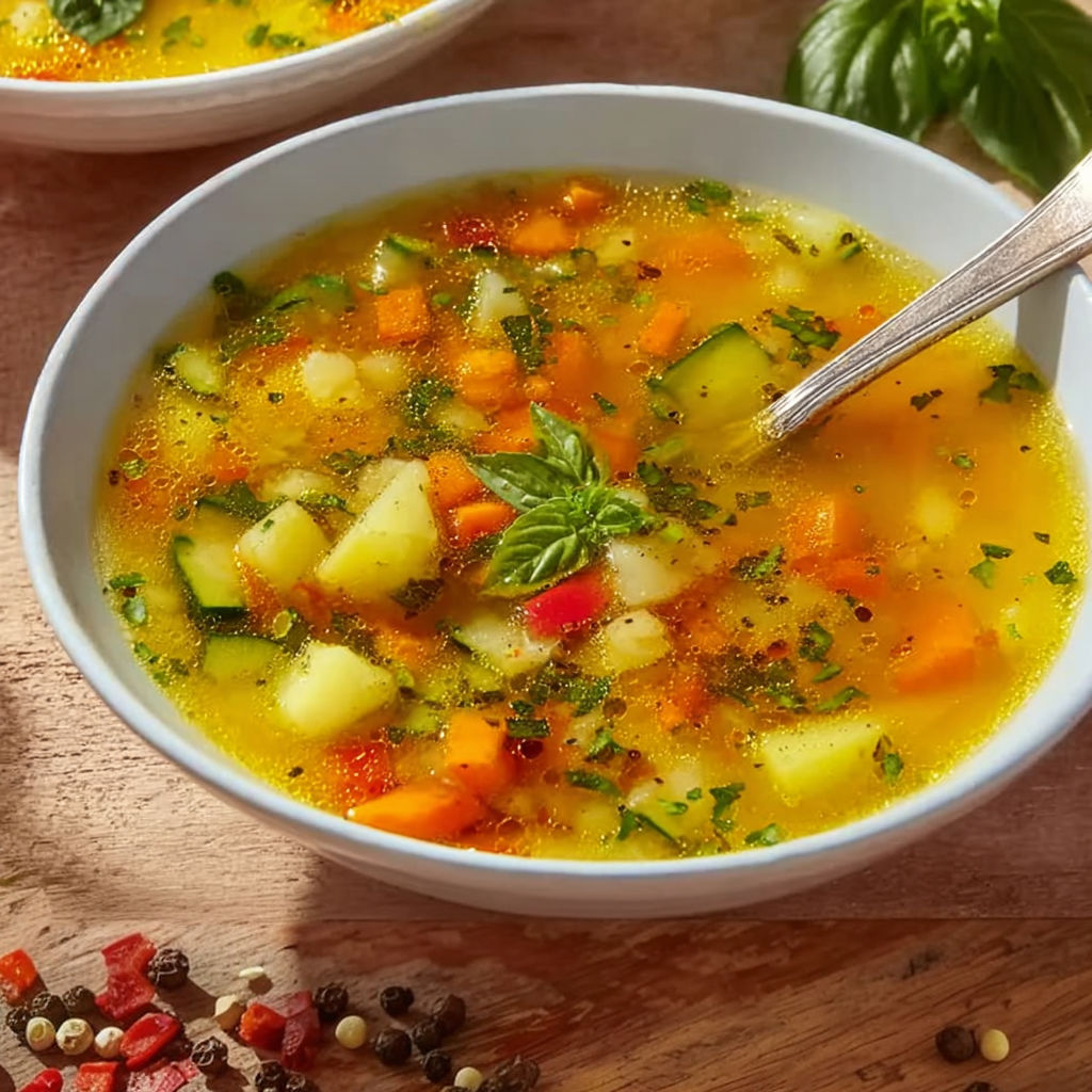 Une soupe colorée remplie de légumes frais et d'herbes.