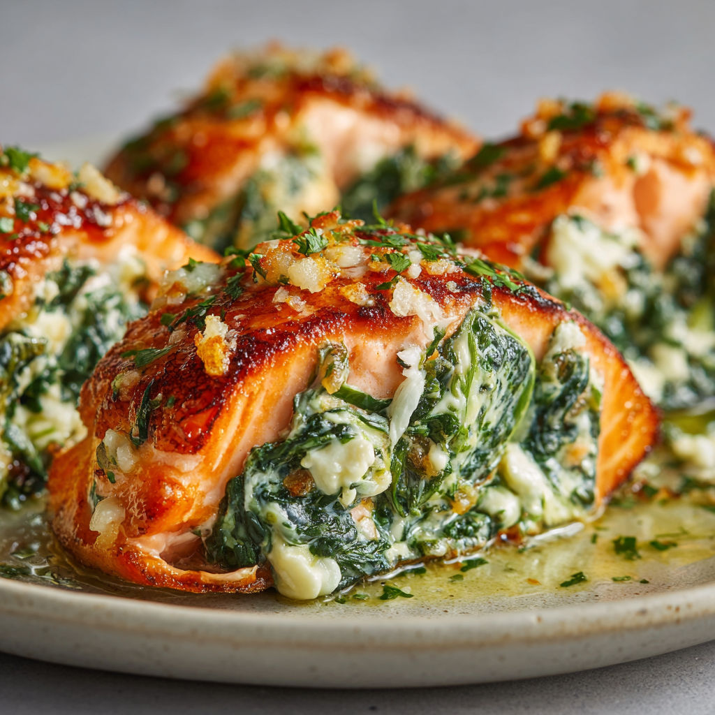 Filets de saumon tendres farcis aux épinards et dorés à la perfection.