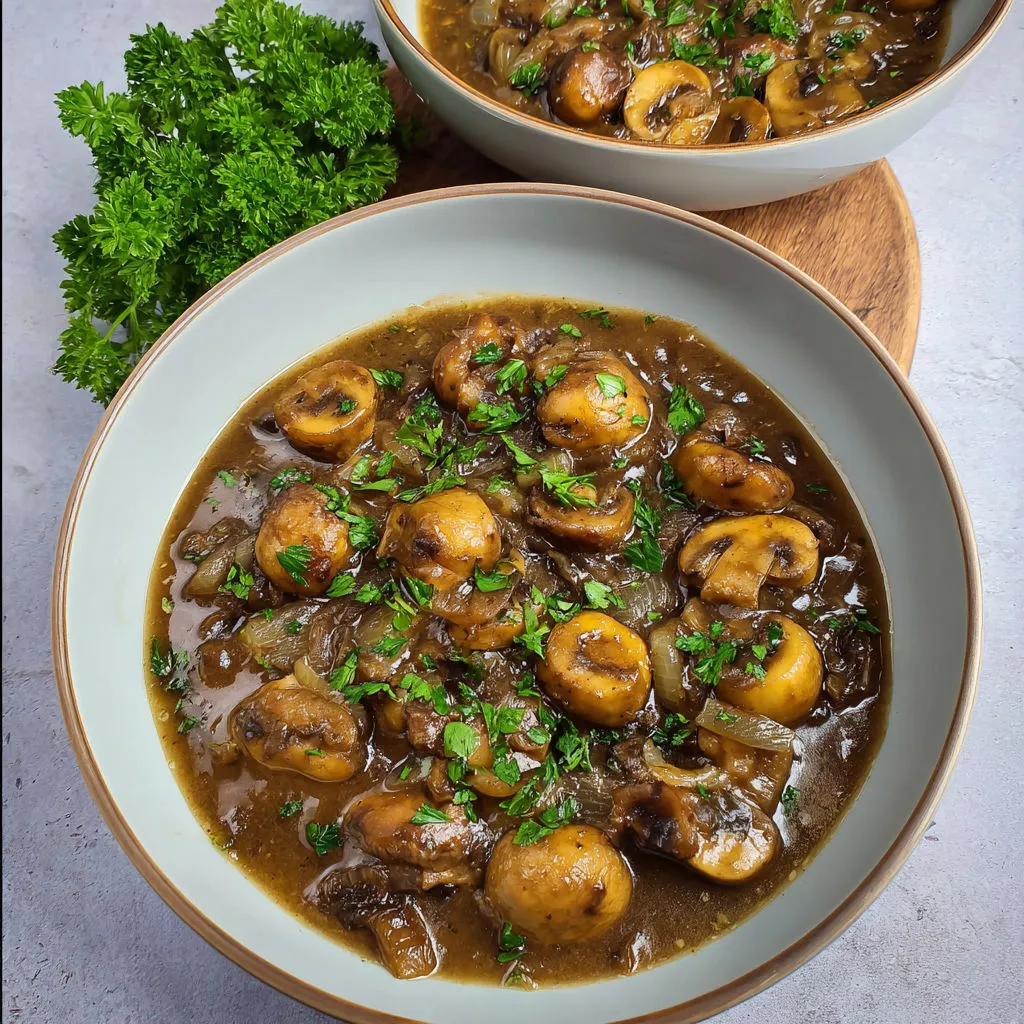 Un bouillon de champignons servi dans deux assiettes.