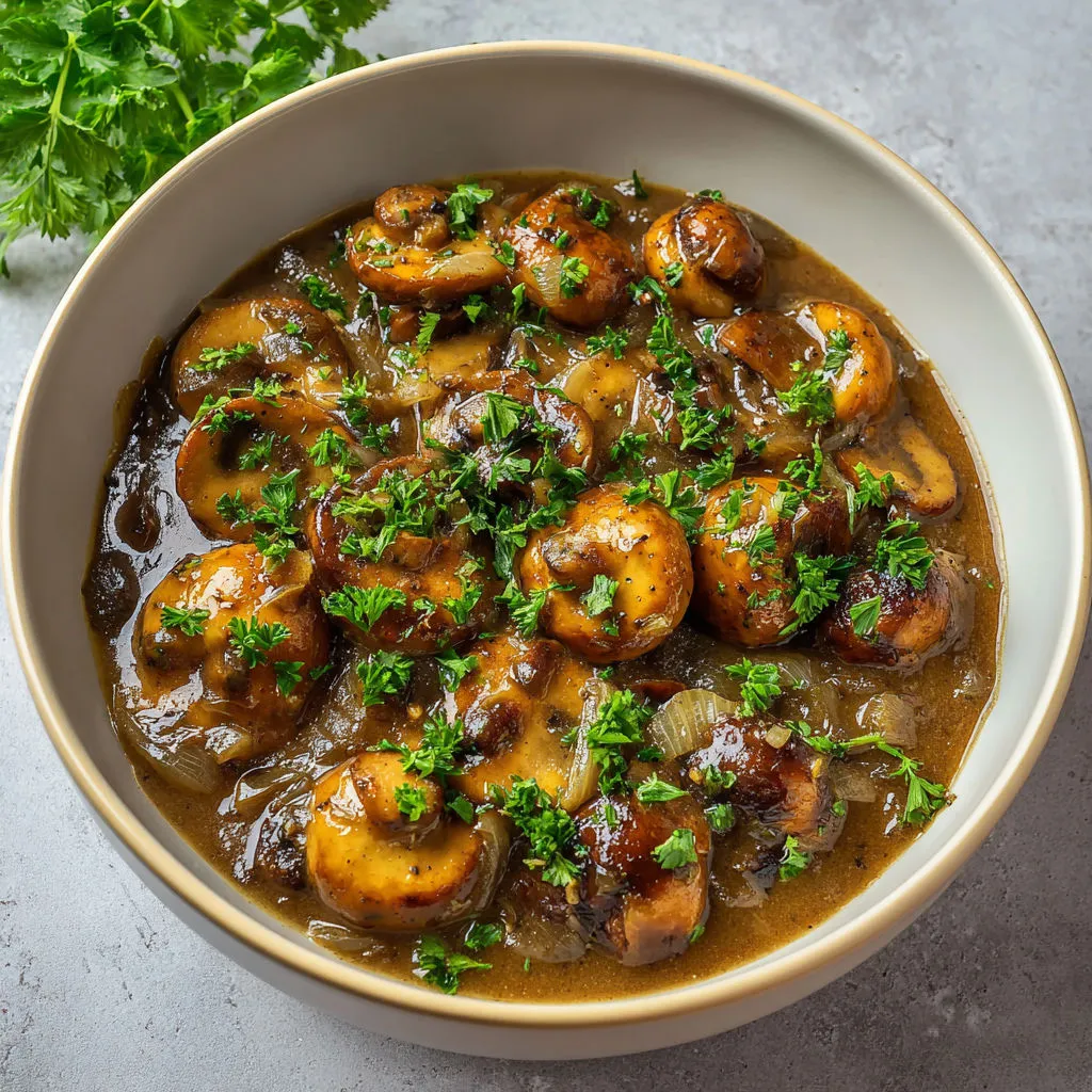 Une soupe de champignons et de légumes avec des herbes fraîches dans un bol.
