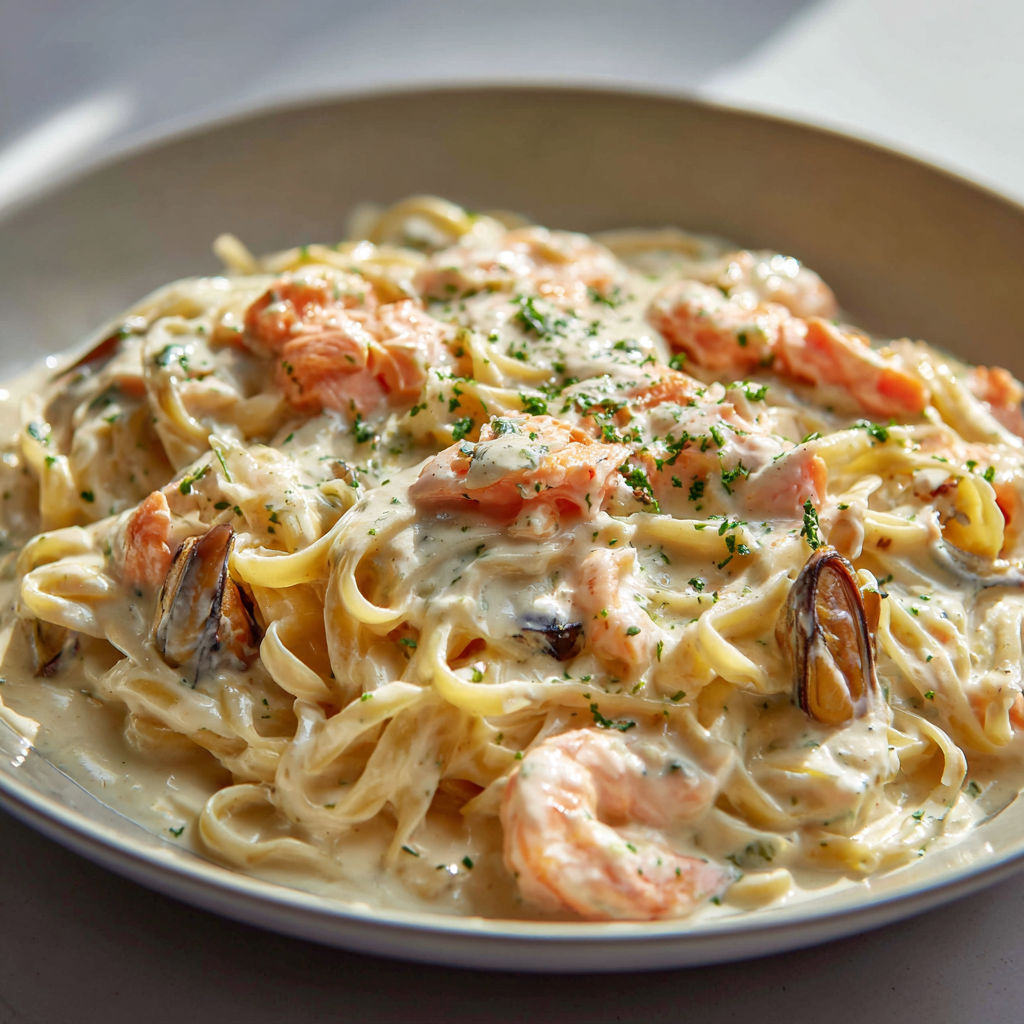 Pâtes savoureuses fruits mer et truite