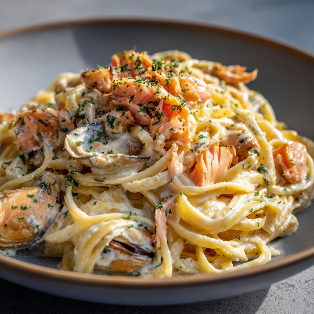 Tagliatelles fondantes truite fumée goût mer.