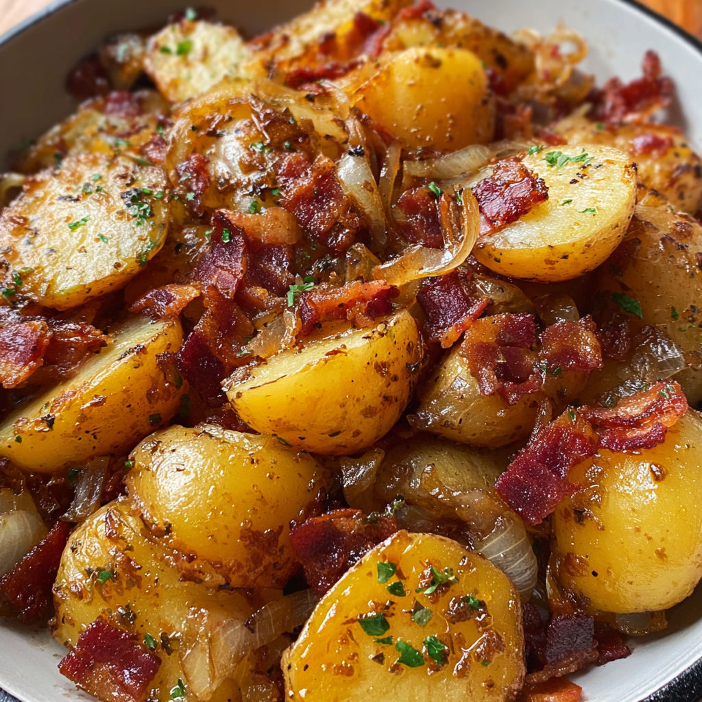 Pommes de terre avec oignons et lardons, accompagnées d’une salade fraîche.