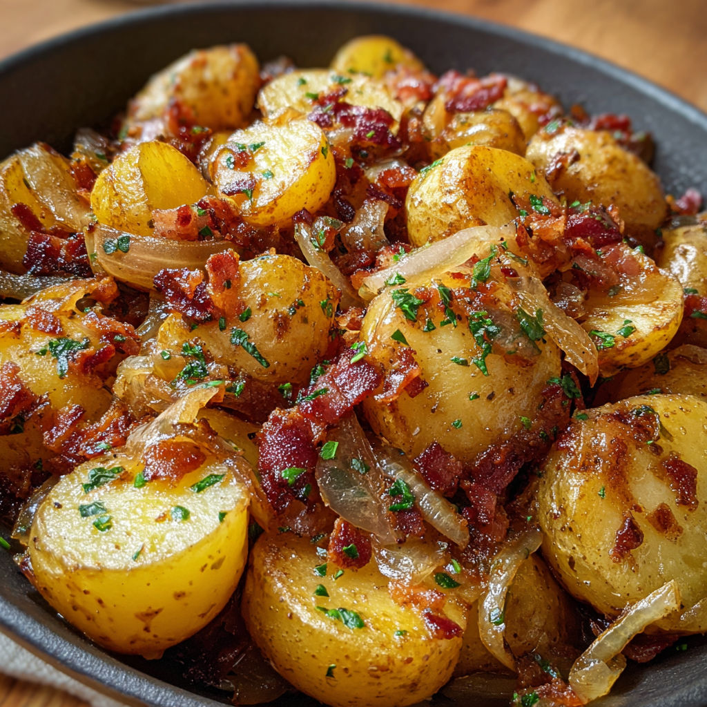 Une belle assiette de pommes de terre dorées avec oignons et lardons, servie avec un peu de sauce tomate.