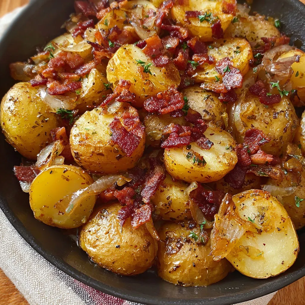 Une assiette généreuse de pommes de terre sautées, oignons et lardons, avec une sauce au bacon à côté.
