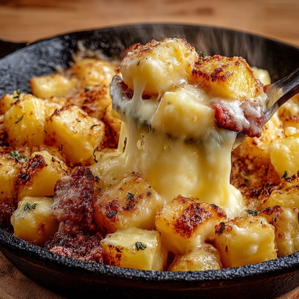 Une poêle remplie de cantal fondant avec pommes dorées délicieusement servis.