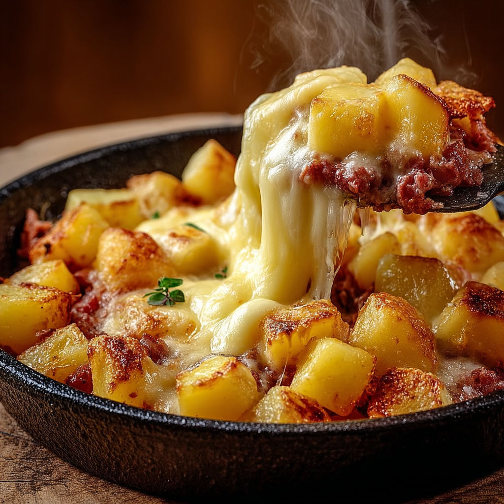 Une belle truffade au cantal bien filant dans un bol en fonte.