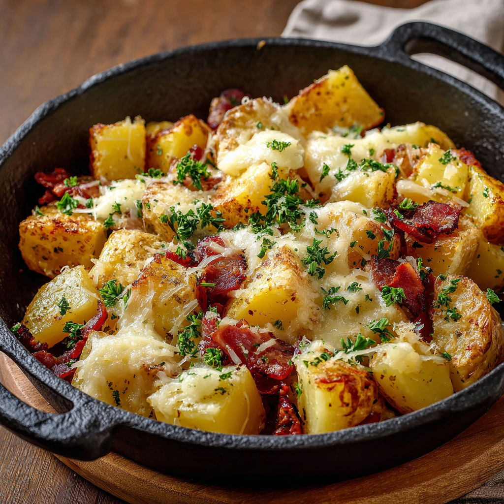 Truffade au cantal filant dans un joli bol en fonte.