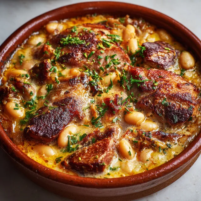 Plat mijoté aux haricots blancs et viandes confites Toulouse style.