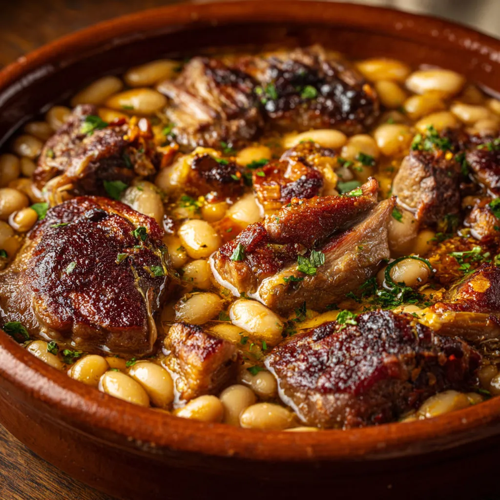 Plaisir du Sud-Ouest : cassoulet rustique aux viandes tendres.
