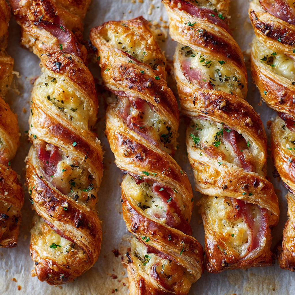 Torsades de jambon et fromage prêtes à être dégustées.