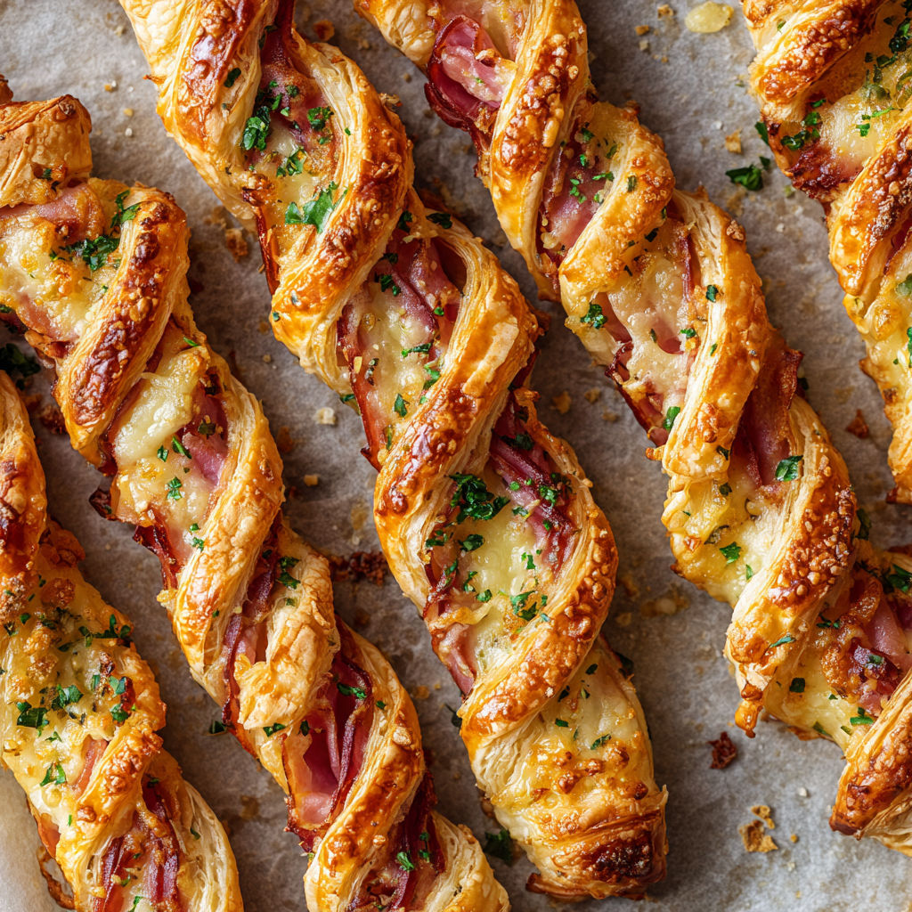 Torsades feuilletées bien croustillantes avec fromage fondu et jambon.