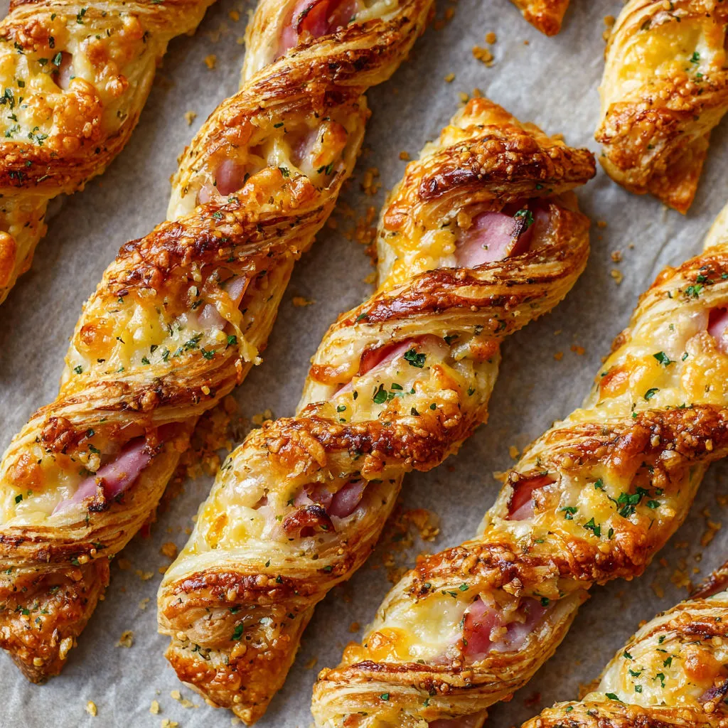 Petits feuilletés tout dorés avec jambon et fromage bien fondant.