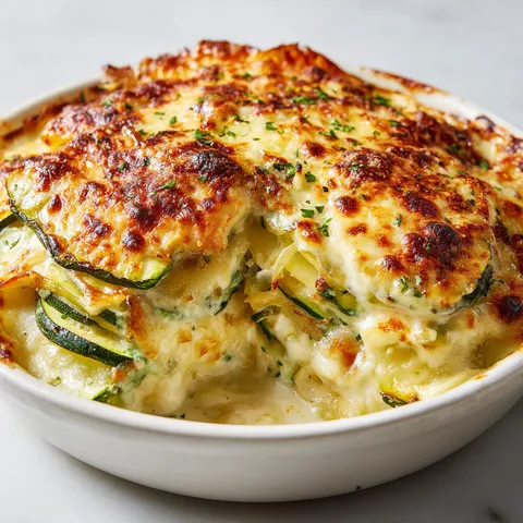 Un gratin avec cabillaud et courgettes, joliment servi sur une table blanche.
