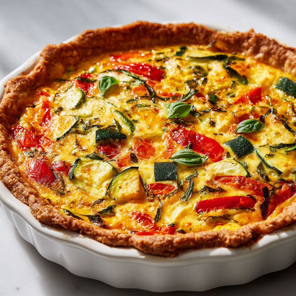 Quiche avec des courgettes, tomates et gruyère, prête à être dégustée.