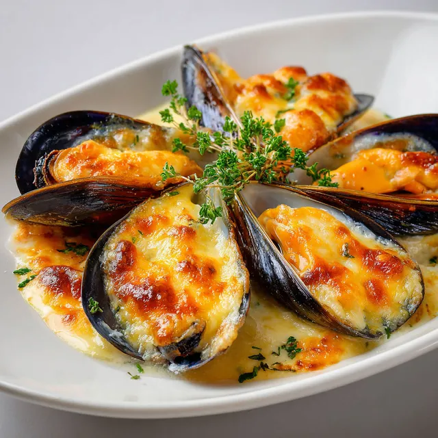 Moules gratinées au fromage et crème.