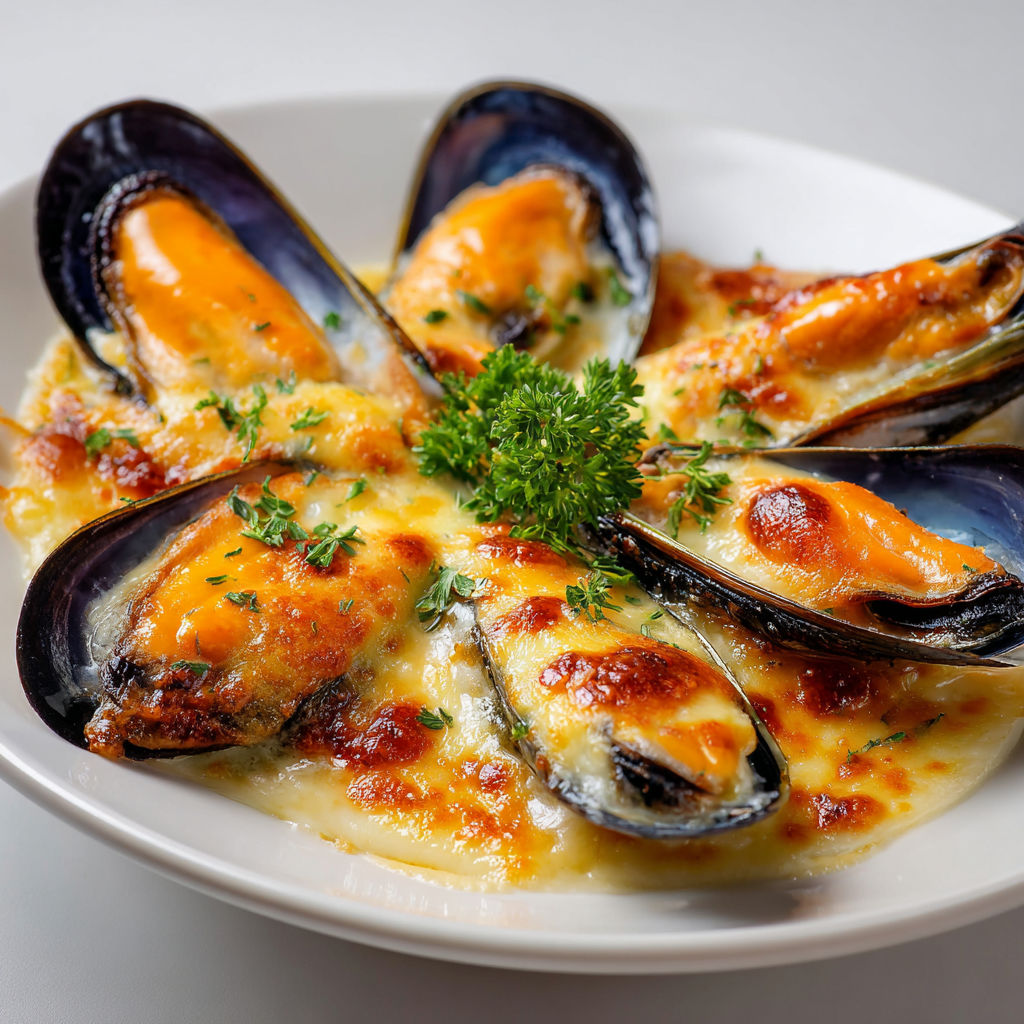 Moules gratinées à la crème et fromage doré